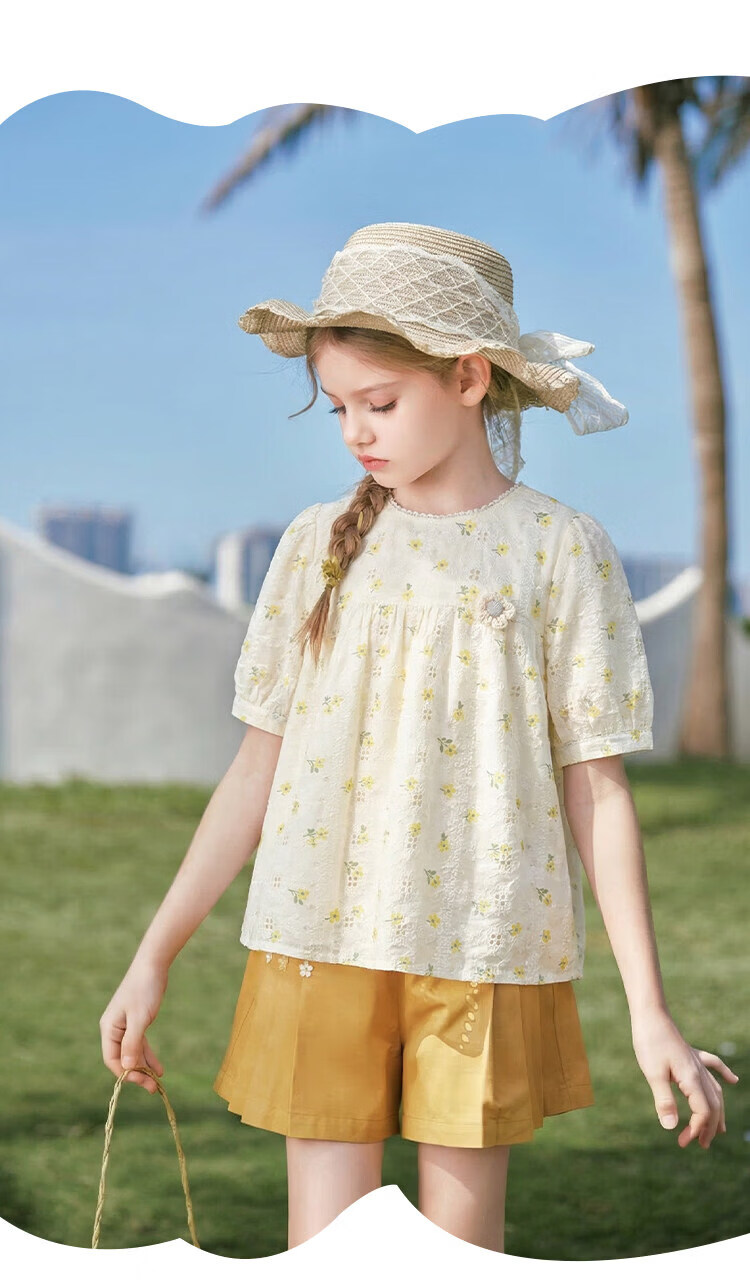 CHANZUIGOU Girls' Glutinous Yellow Floral Print Short Sleeve Top 2026 Summer New Stylish Versatile Shirt 14